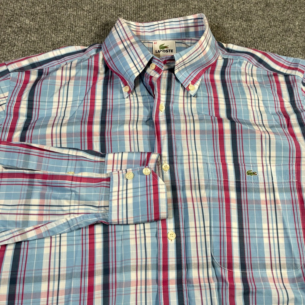 Lacoste Plaid Button Down Shirt‎ Mens 42 Blue Pink Long Sleeve F6182